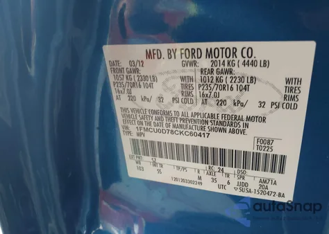 2012 Ford Escape Xlt из США, поврежденный, VIN 1FMCU0D78CKC60417